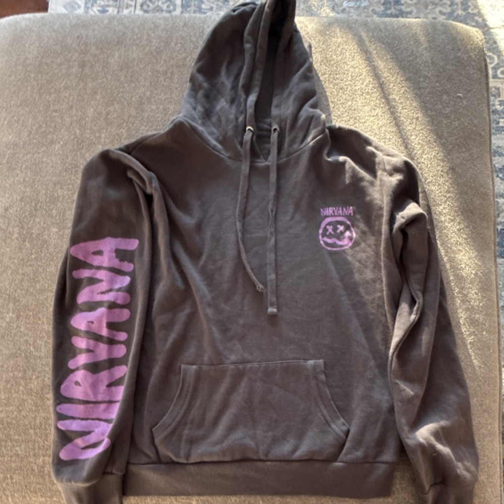 Nirvana Men's Gray Purple Graphic Print Pullover Hoodie XL Fleece Long Sleeve